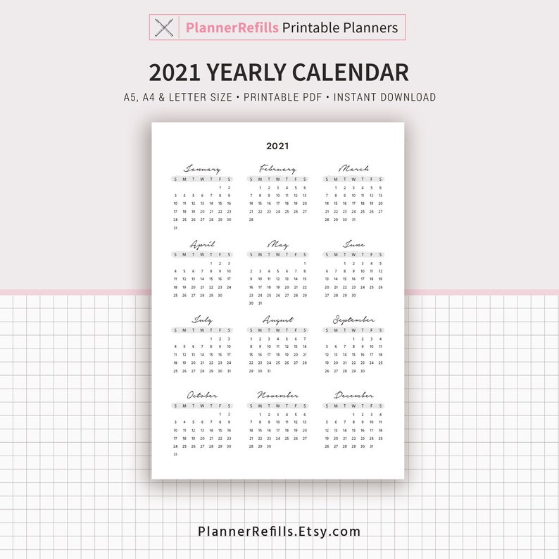 2021 yearly calendar 2022 yearly calendar year at a glance etsy