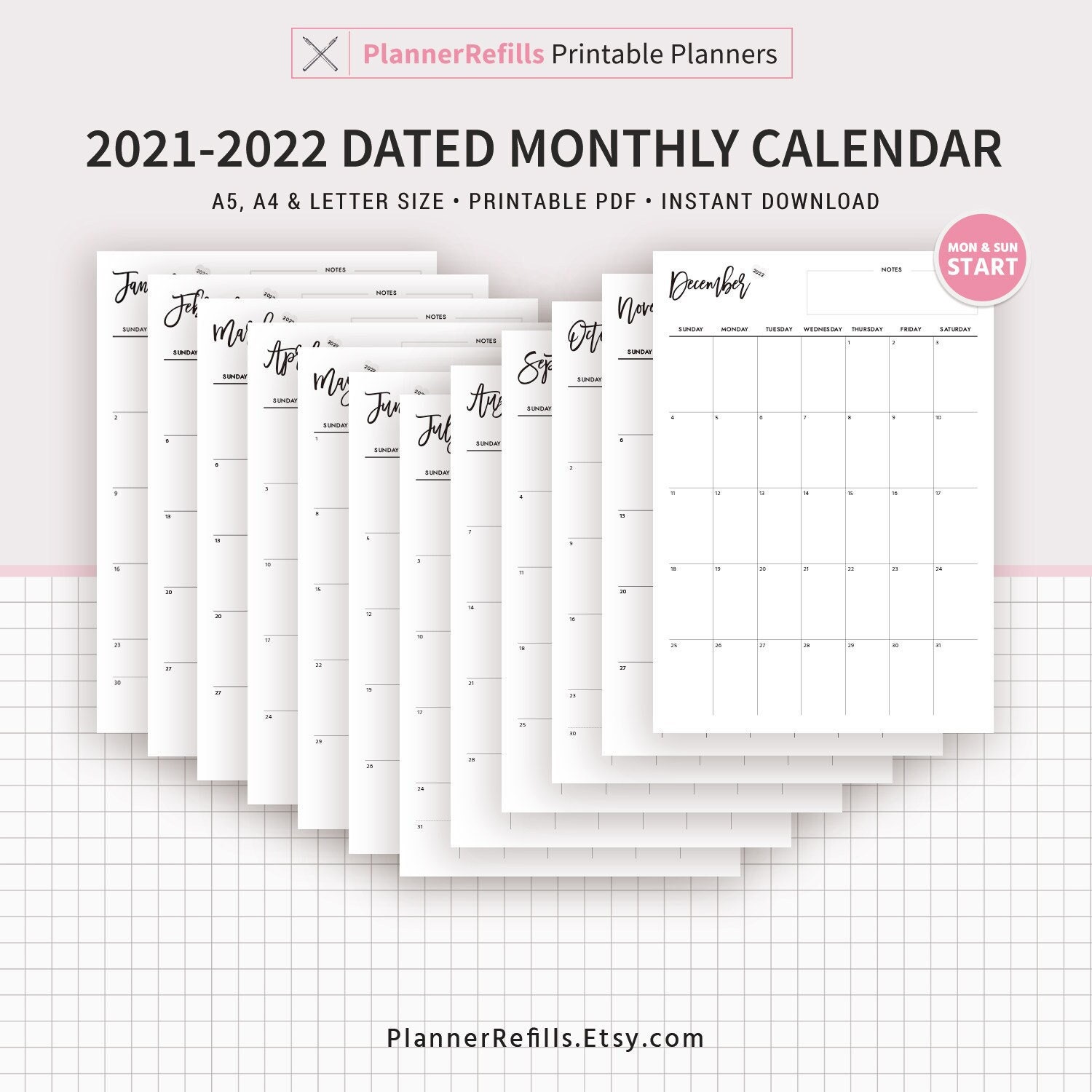 2021 2022 Dated Monthly Calendar Monthly Planner Printable Etsy