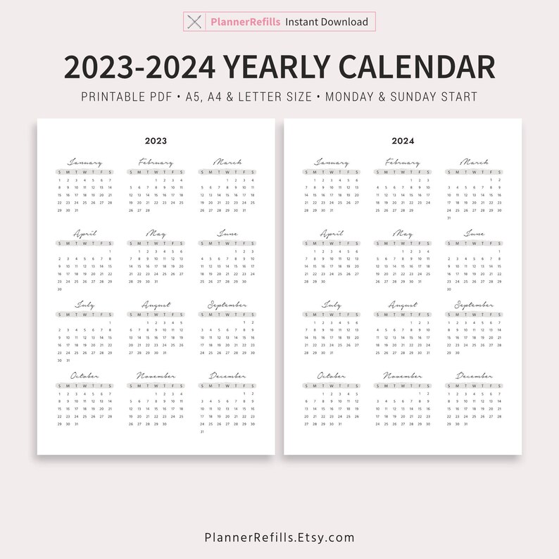 2023 Yearly Calendar 2024 Yearly Calendar Year At A Glance Etsy