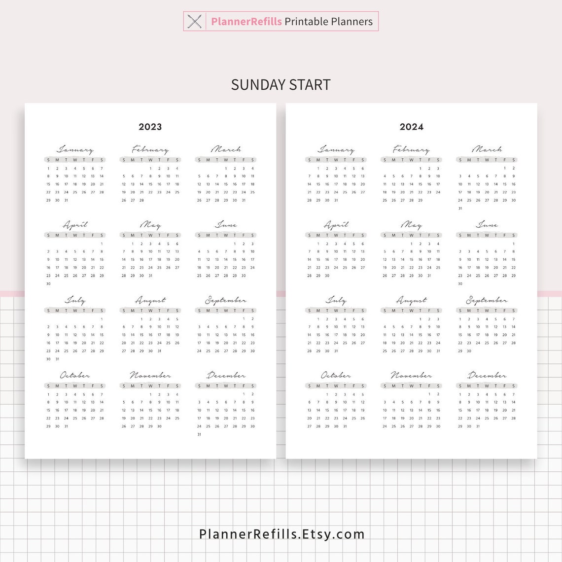 2023 Yearly Calendar 2024 Yearly Calendar Year at a Glance - Etsy
