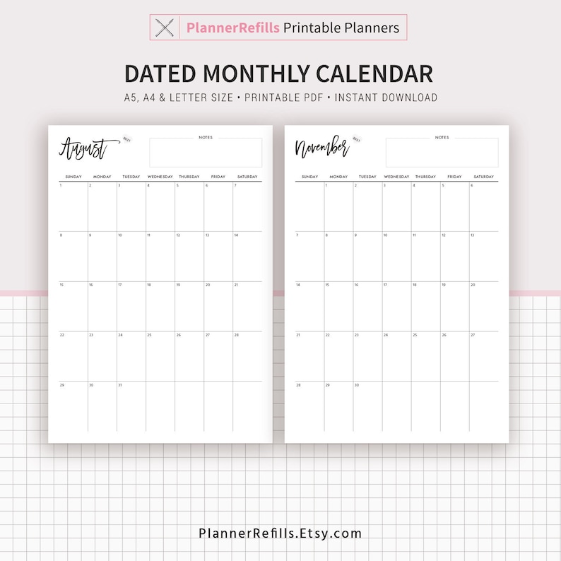 2020-2021 Dated Monthly Calendar Monthly Planner Printable ...