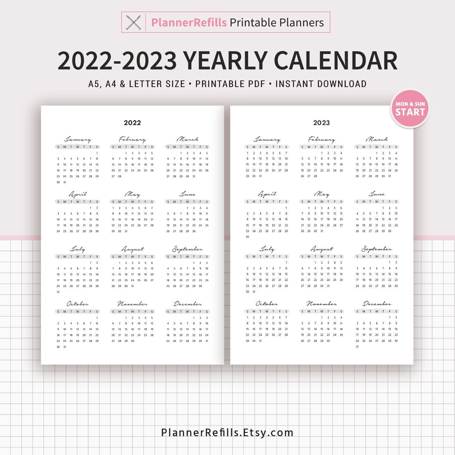Calendrier Open Australie 2023 2022 Yearly Calendar 2023 Yearly Calendar Year At A Glance | Etsy Australia