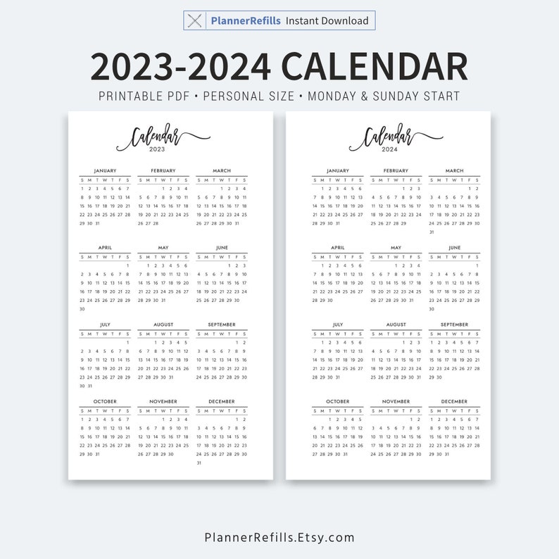 2023 Calendar 2024 Calendar Year at a Glance Printable Etsy UK