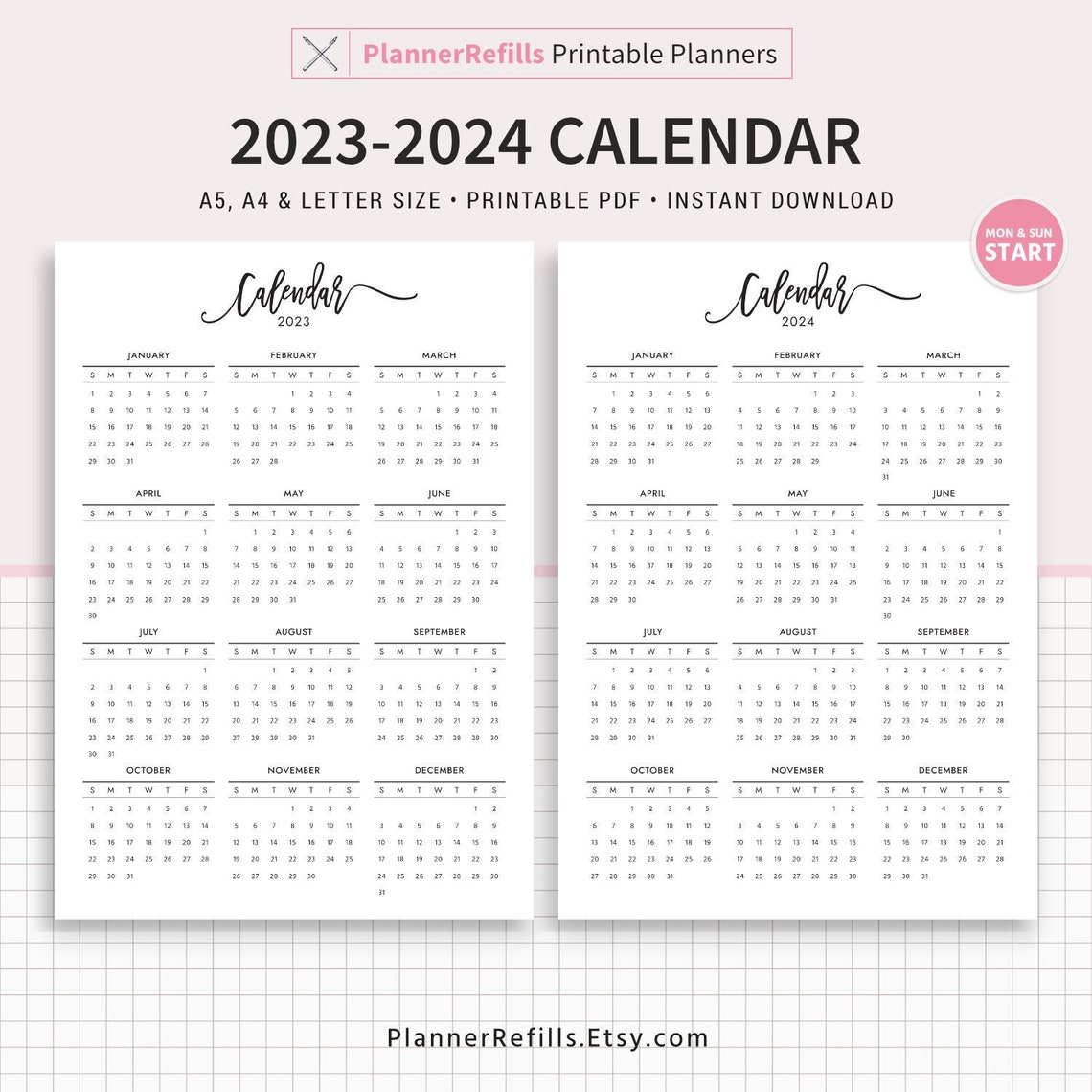 2023 Calendar 2024 Calendar Year at a Glance Planner - Etsy