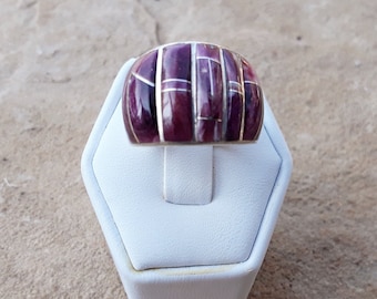 Purple Spiny Oyster Shell Multi Stone inlaid ring in Sterling silver