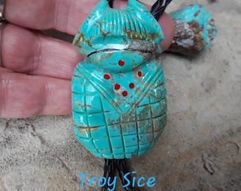 Troy Sice Highly Collectible Vintage Zuni Hand carved & Sculpted Turquoise and Red Coral Bolo tie