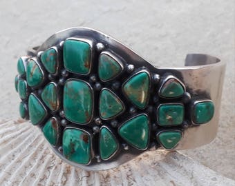 Large Royston Turquoise Cluster Cuff Bracelet Set in Heavy Sterling Silver Navajo Handmade and signed Mens, Unisex Cuff Bracelet