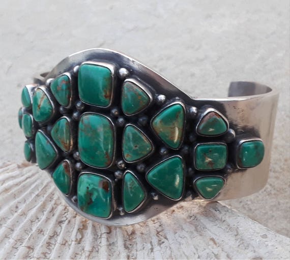 Native American Heavy Rare Royston Turquoise Geometric Sterling Silver Bracelet Cuff Native American Heavy Rare Royston Turquoise Geometric Sterling Silver Bracelet Cuff
