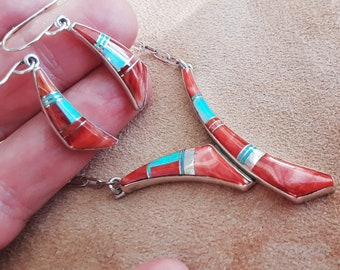 Kenneth Bitsie Orange Spiny Oyster Shell and Fire opal inlaid Necklace and earring set