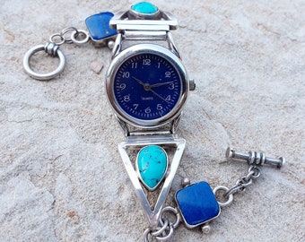Vintage Navajo Lapis & Turquoise Sterling silver Watch link bracelet