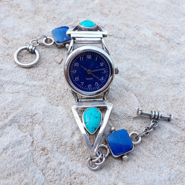 Vintage Navajo Lapis & Turquoise Sterling silver Watch link bracelet