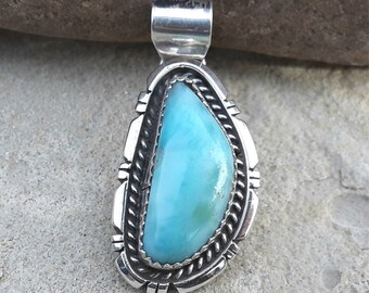 Sky Blue Ocean Blue Carribean Larimar Island Stone Handmade Pendant Native American Navajo Handmade with  Sterling silver