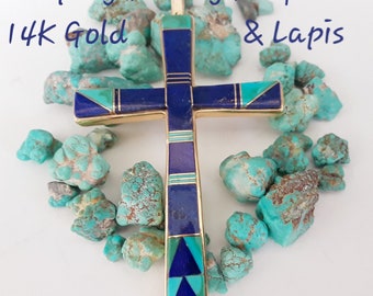 Large 14K Gold Gem Grade Sleeping Beauty Turquoise & Lapis Navajo Inlay Cross