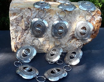 Calvin Martinez Renowned Artist Hand wrought Navajo Sterling silver Concho belt, Heavy Silver Classic Traditonal Navajo Revival Style