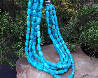 Natural Sleeping Beauty Turquoise Nugget Necklace / Five Strand / Robins Egg Blue