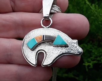 Navajo Heart line Spirit Bear inlaid multi stone pendant \ Sterling silver turquoise and spiny oyster shell inlay jewelry