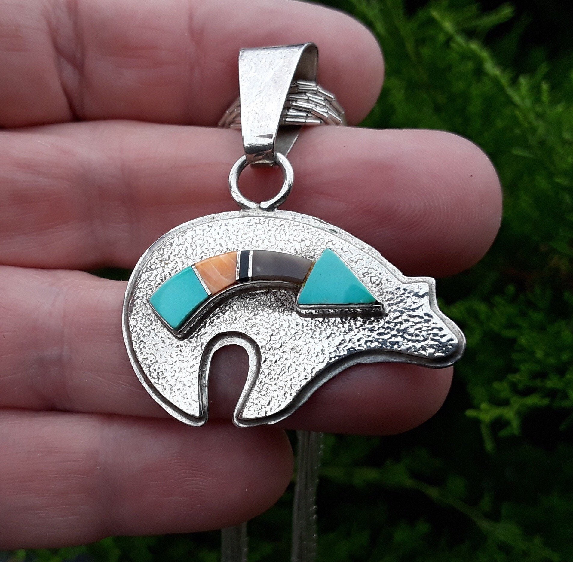 Navajo Heart Line Spirit Bear Inlaid Multi Stone Pendant