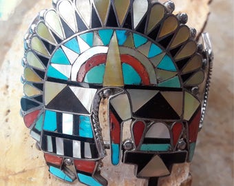 Rare 1950s Vintage Kachina Cuff bracelet | Zuni Inlay Rainbow Man & Sun | Museum Quality | Turquoise | Coral | Golden Lip | Jet inlay