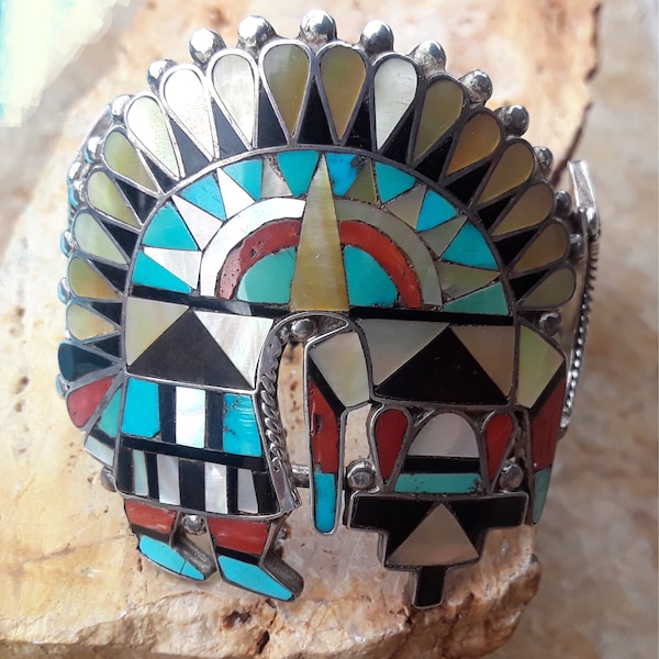 Rare 1950s Vintage Kachina Cuff bracelet | Zuni Inlay Rainbow Man & Sun | Museum Quality | Turquoise | Coral | Golden Lip | Jet inlay