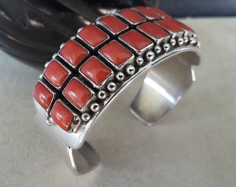 Sterling silver Navajo Mediterranean Coral Cuff bracelet, Coral row cuff, Natural Italian Coral, Master Silversmith Paul Livingston