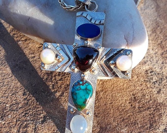 Master Goldsmth Estevan Garcia 14K Gold and Sterling silver Gemstone Cross with High Grade Bisbee turquoise & Gemstone | Santa Fe Artist