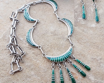 Zuni Crescent Moon Inlay necklace and earrings made with Malachite & Sterling silver