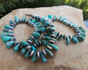 1980s Vintage Santo Domingo Pueblo Natural Turquoise necklace with Sterling silver Bench made fluted beads