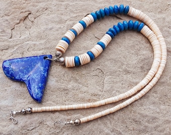 Santo Domingo Lapis and Melon shell Heishi necklace with Sculpted pendant