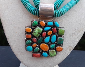 Large Navajo Multi stone Cluster Sleeping Beauty turquoise, Spiny Oyster, Gaspeite pendant | Cross