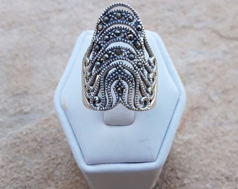 Vintage Marcasite long sterling silver ring // Art Deco
