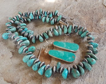 Natural Turquoise Hand carved Tear drop necklace and earrings Set 1980s Vintage Santo Domingo Authentic Jewelry