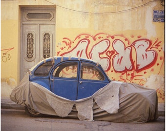 covered 2CV Citroen standing in Petralona Athens analog medium format photography print ready to ship