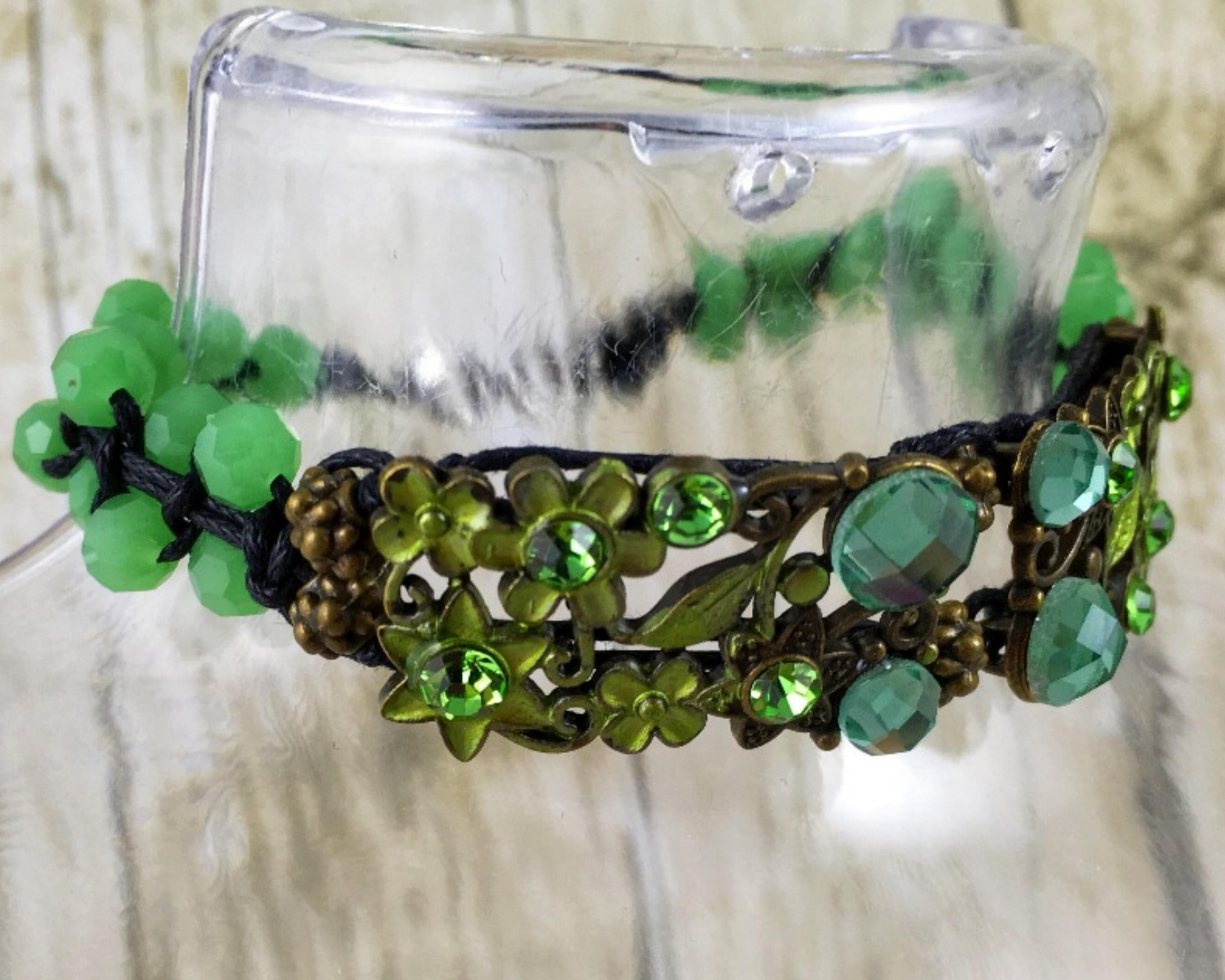 Paper Mache Bracelet with Floral Bead in Green