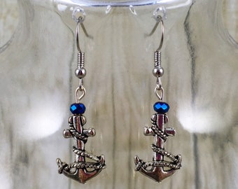 Bright Blue Bead & Silver Anchor Earrings | Nautical Jewelry | Gift for Her Under 25 Dollars | Gift for Mom | Gift for Wife | Trendy Jewelry