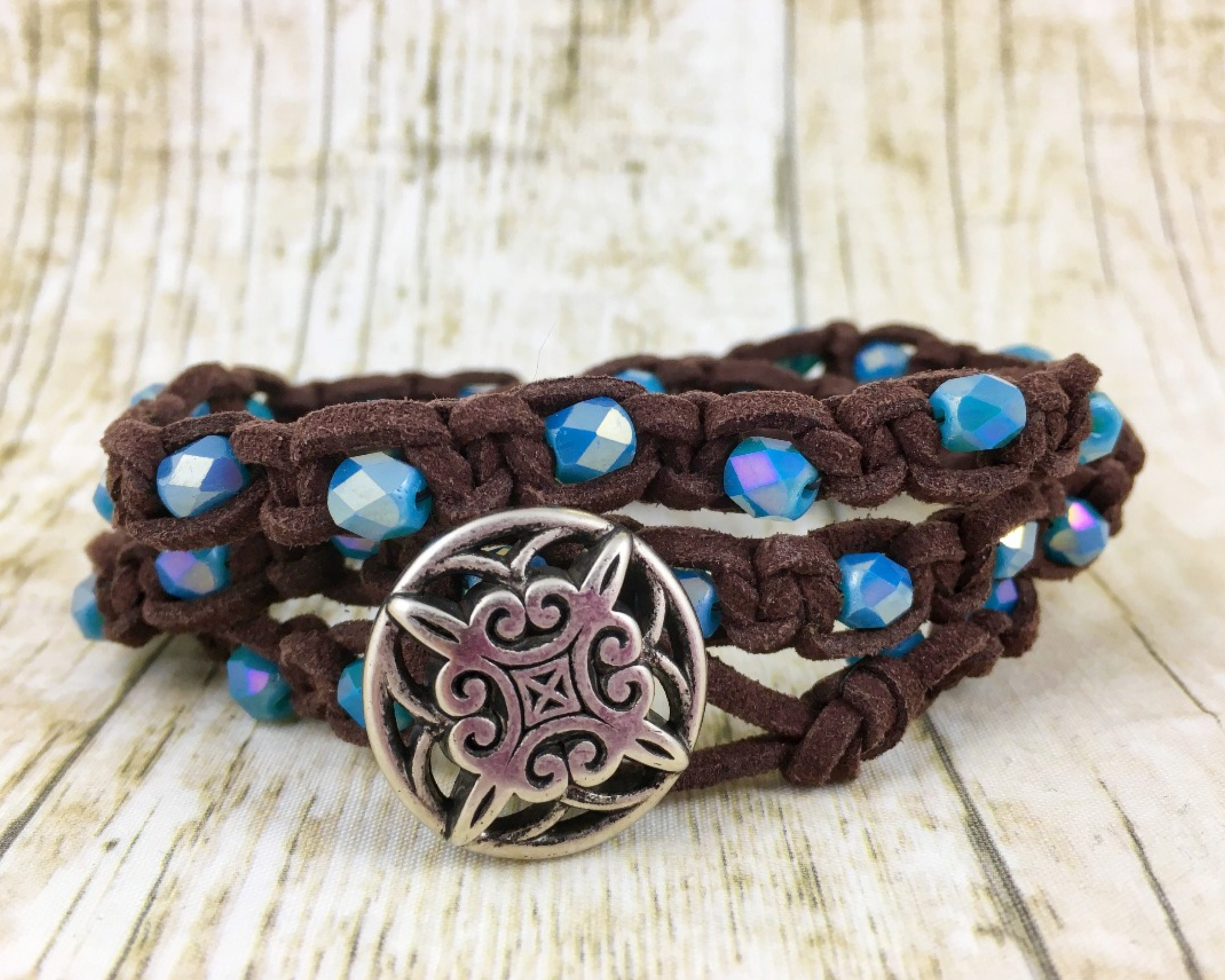 Brown Suede Wrap Bracelet Blue Beaded Bracelet 3x Wrap Bracelet Boho