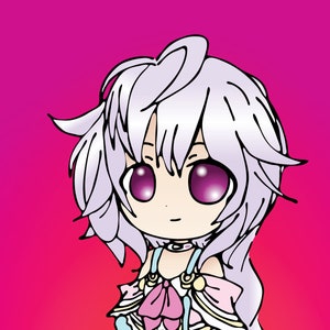 Könnte beinhalten: Eine Cartoon-Illustration eines jungen Mädchens mit langen, lavendelfarbenen Haaren, das ein hellblaues und rosa Kleid mit einem weißen Rock und einer rosa Schleife trägt. Sie trägt weiße Socken mit rosa Streifen und rosa Bärenpantoffeln. Der Hintergrund ist einfarbig rosa.