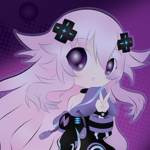 Peut inclure: Un personnage d'anime aux cheveux violets, de grands yeux et une tenue noire et bleue se tient sur un fond géométrique violet et noir. Le personnage fait un signe de paix avec sa main droite.