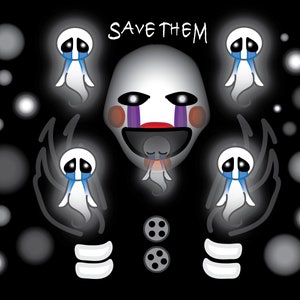 May include: Illustration of a puppet-like character with a white face, red lips, and purple accents, surrounded by glowing ghost-like figures. The text "SAVE THEM" is at the top. The background is black with white and gray orbs.