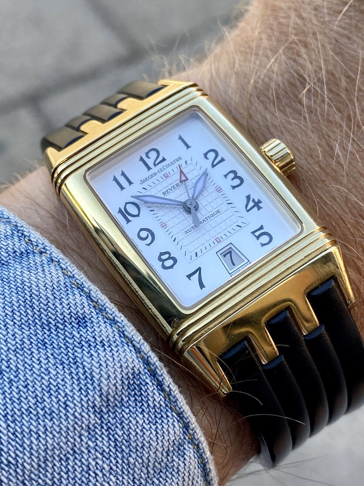 Jaeger LeCoultre Rubber Strap JLC 18K 750 Gold Reverso Gran sport Ref 290.1.60 Mens automatic