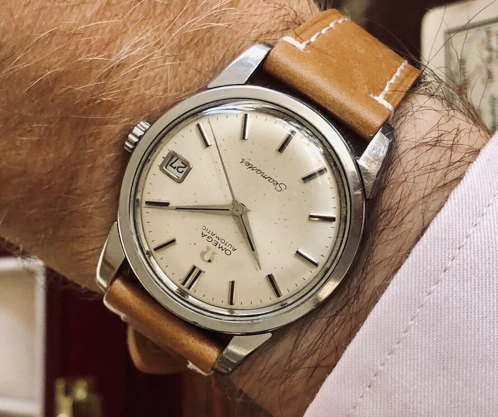 Omega Seamaster Stainless Steel Mens 1965 34mm Size Vintage Nice Patina White Dial Caliber 562 Watch New Box