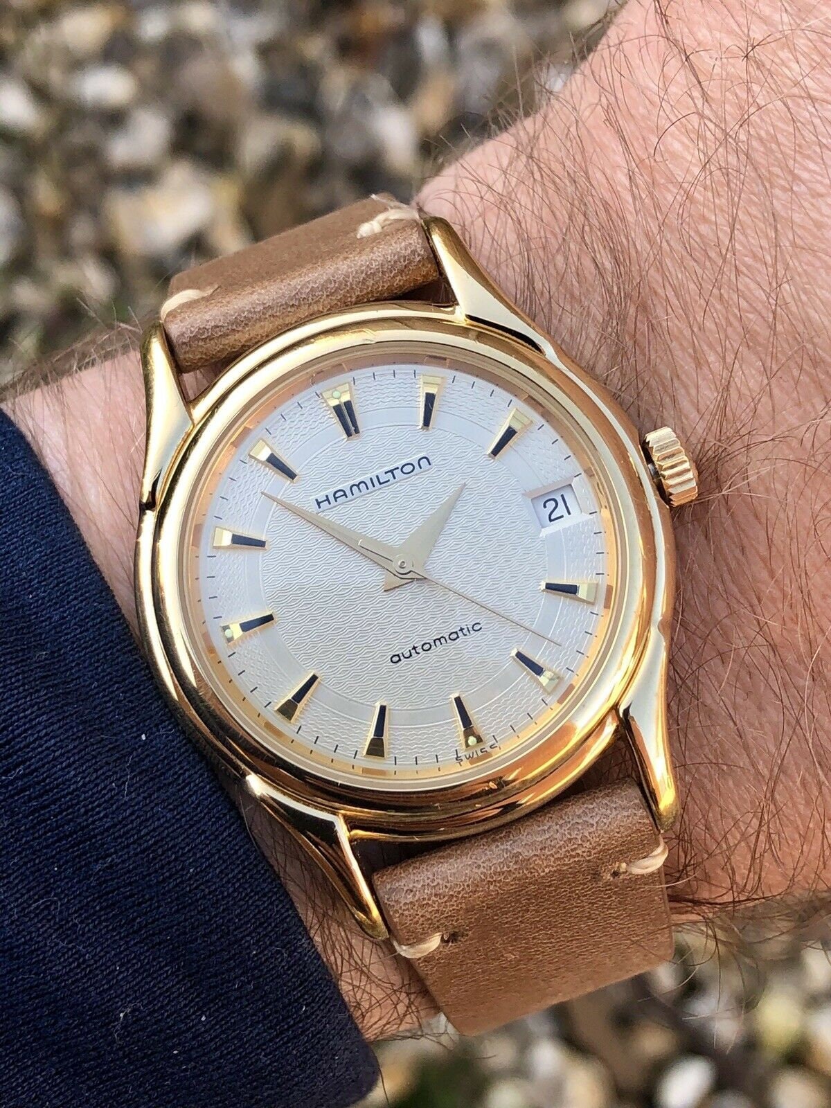 Vintage Hamilton Automatic Date Gold Mens watch exposed movement papers Box Vintage Hamilton Automatic Date Gold Mens watch exposed movement papers Box