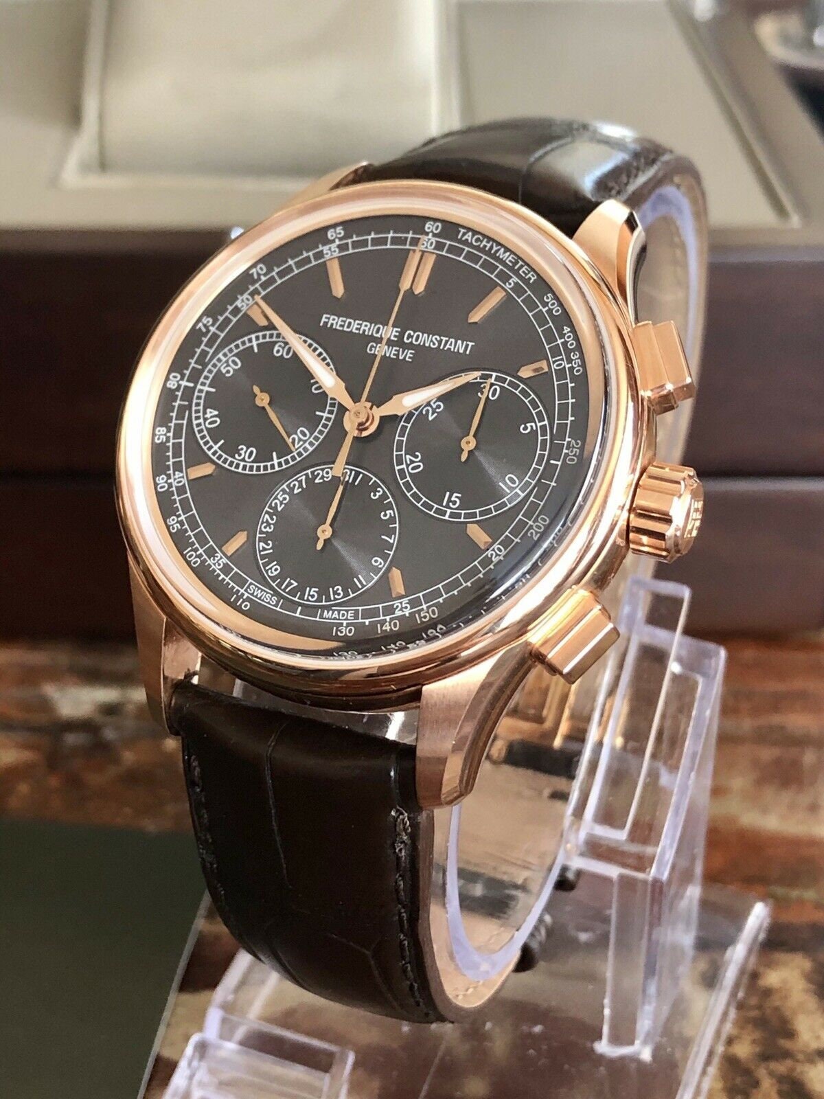 Frederique Constant Gents Rose Gold Plated Flyback Chronograph Watch Fc 760v4h4 Full Set Papers Box Frederique Constant Gents Rose Gold Plated Flyback Chronograph Watch Fc 760v4h4 Full Set Papers Box