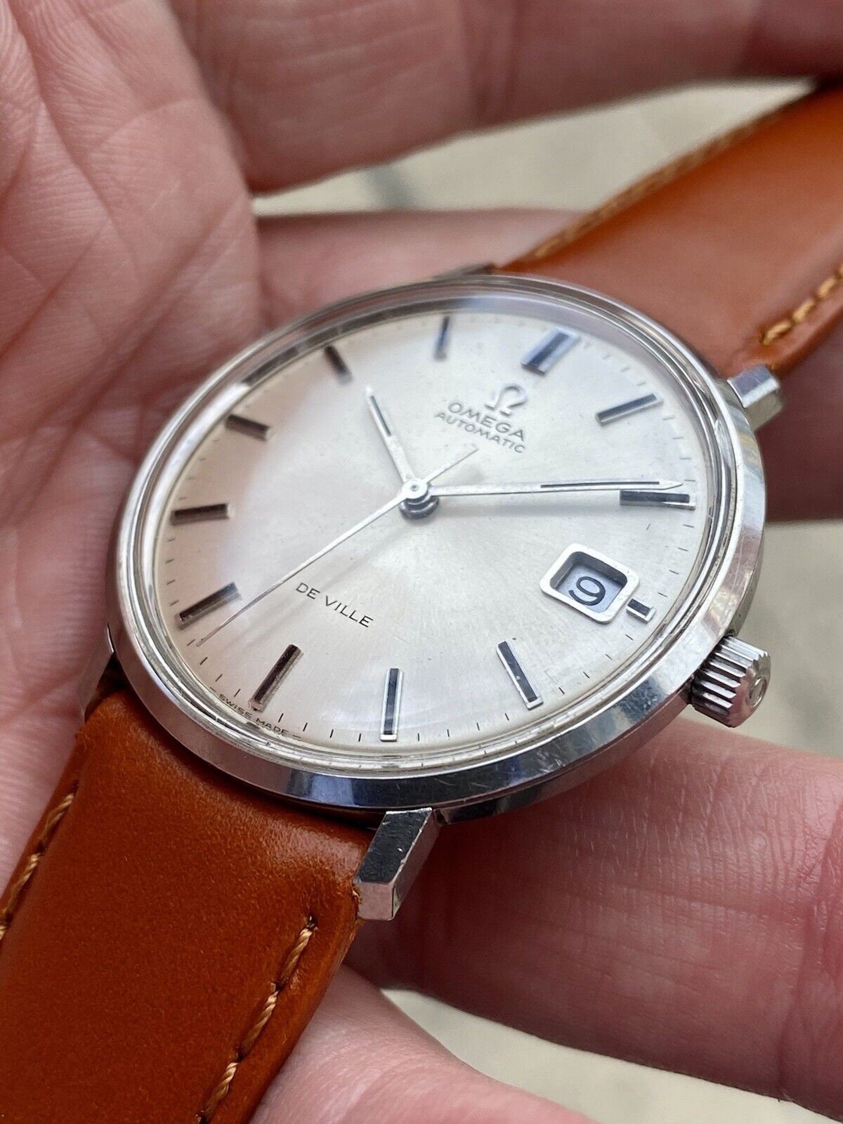 Omega Mens De Ville Automatic Vintage Leather Steel Date 35mm serviced 1970s watch