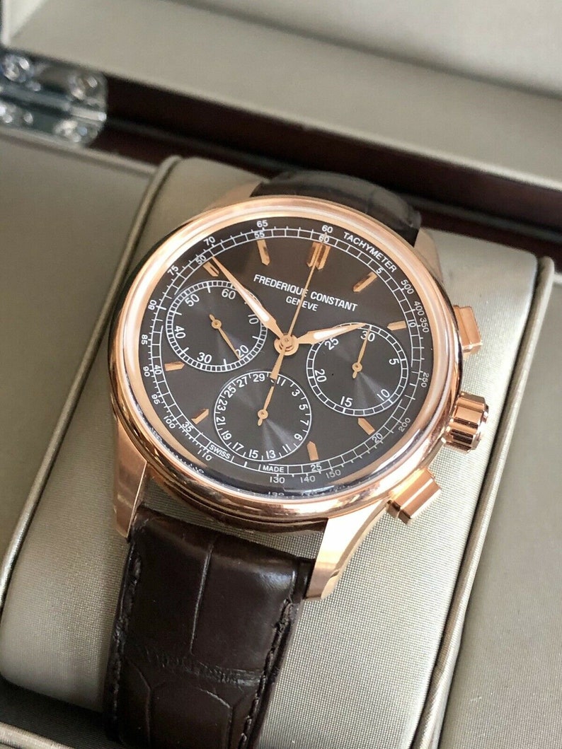 frederique constant rose gold plated leather analogue watch