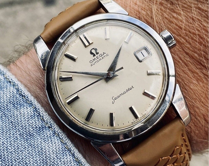 Omega Seamaster Steel Vintage 1958 Mens Automatic Date used Tan Brown Leather Strap Calendar watch