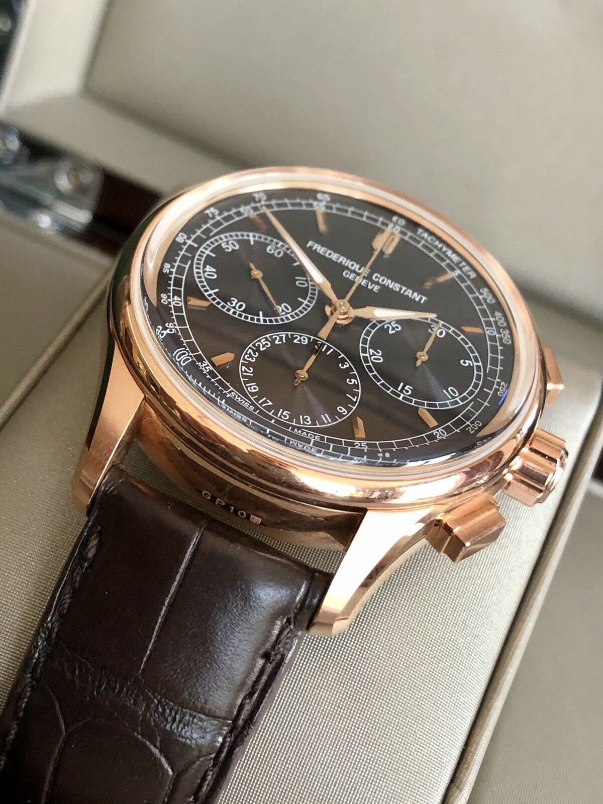 Frederique Constant Gents Rose Gold Plated Flyback Chronograph Watch Fc 760v4h4 Full Set Papers Box Frederique Constant Gents Rose Gold Plated Flyback Chronograph Watch Fc 760v4h4 Full Set Papers Box