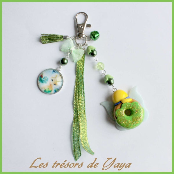 Porte clé donut Clochette, ruban, perles et cabochon