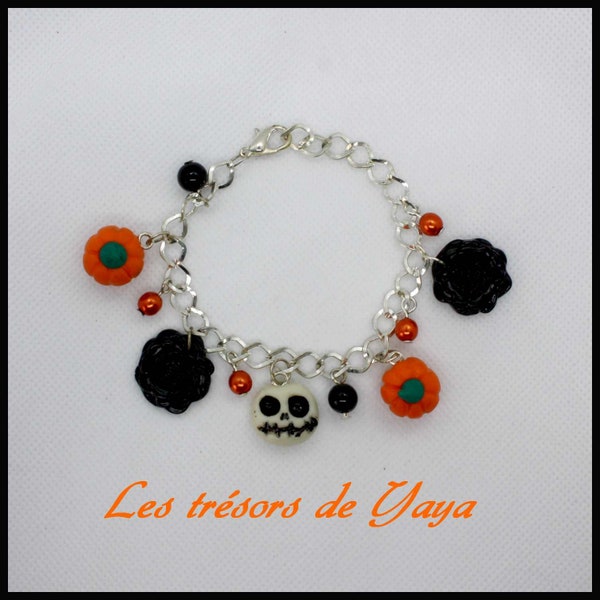 bracelet Halloween Jack Squellington, citrouilles en fimo