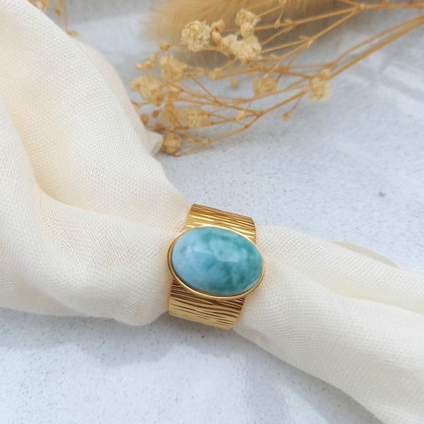 Bague ajustable IRIS / acier inoxydable / cabochon en pierre semi-précieuse larimar