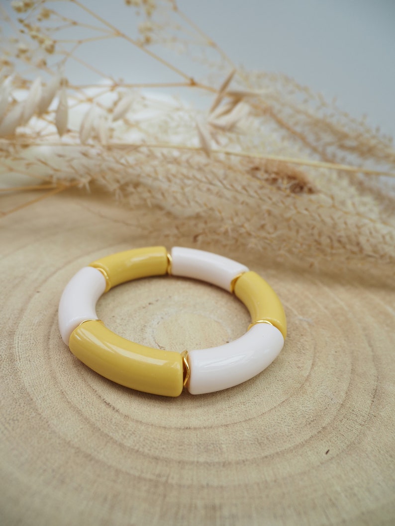 Bracelet jonc bicolore MAELLE / grosses perles tubes en résine acrylique incurvées Modèle 2